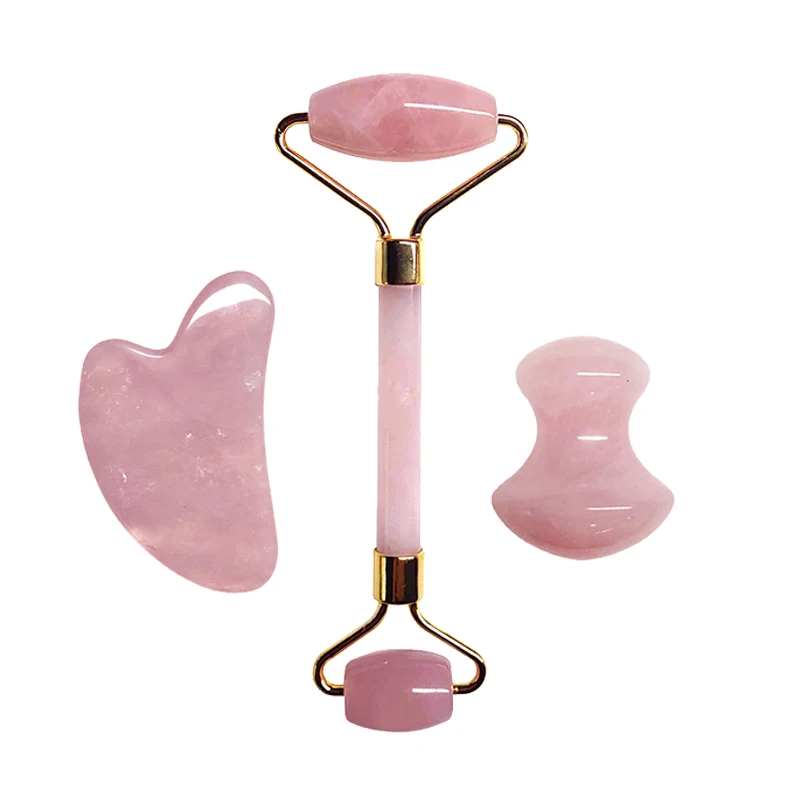 

Rose Quartz Face Thin Massager Natural Stone Guasha Board Jade Roller Pink Crystal Facial Scraper Jade Facial Roller Set