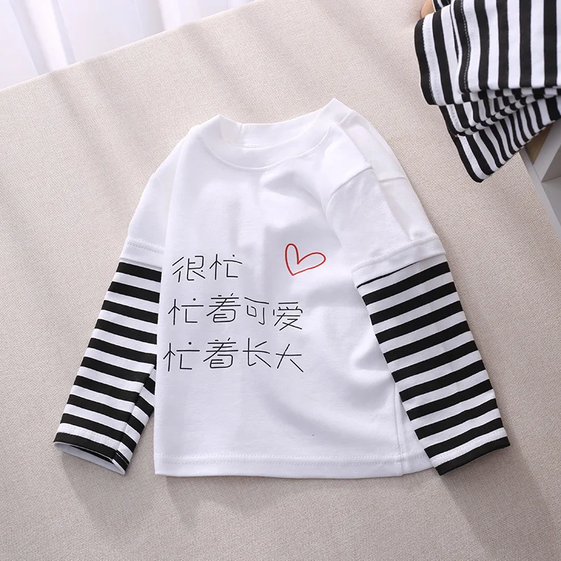 

2021 Spring Autumn For Boys Girls Tshirt Children Cotton Striped Patchwork Cartoon Animal Baby Kids Clothes Long Sleeve T-Shirts