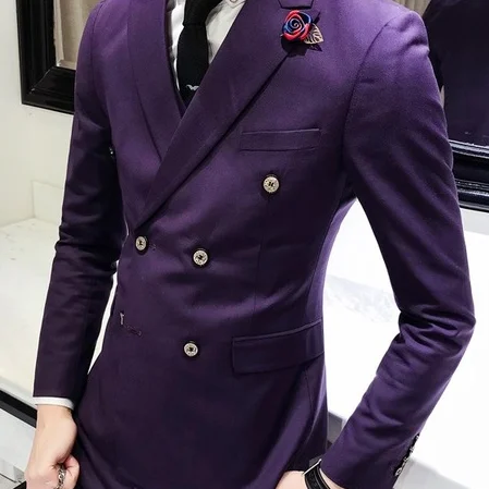 Purple blazer Роскошный Королевский мужской костюм 3 комплекта модный бутик двубортный сплошной цвет свадебное платье Тонкий деловой, банкетный вечерний наряд - Цвет: Purple blazer