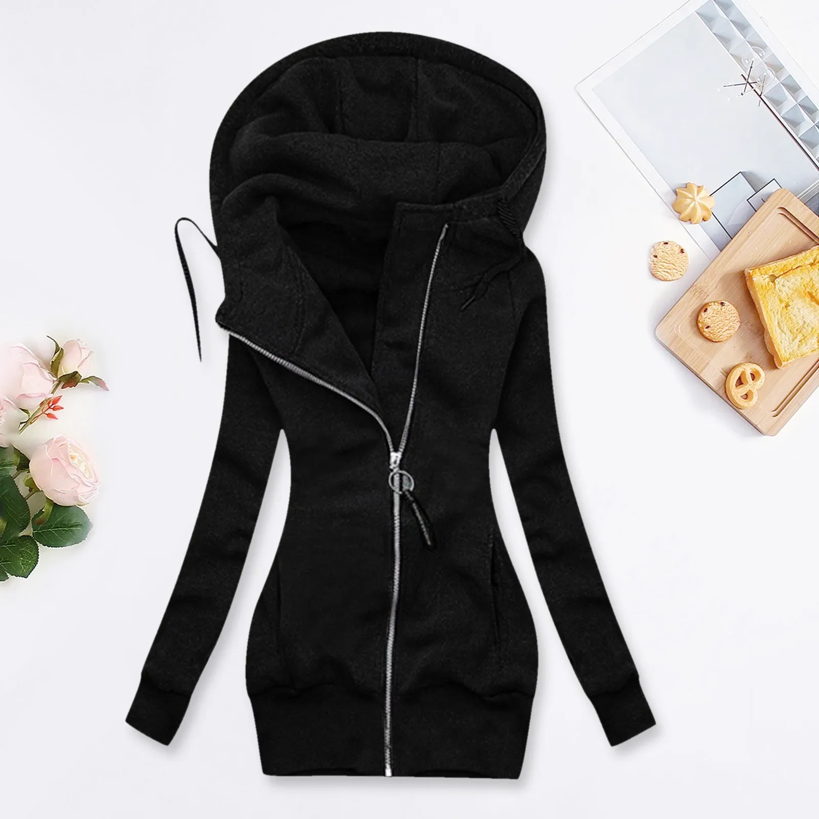 PlusSize Women Jacket Fashion Solid Color Hooded Coat Zipper Pocket Long Sleeve Sport Autumn Winter Long Hoodies Sweatshirts