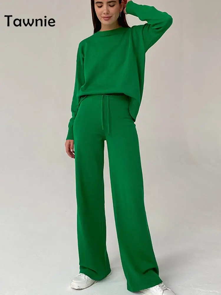 

Tawnie Knitted Suit 2021 Autumn Winter Women Long Sleeve Sweater Tops and Wide Leg Pants Casual Oversize Sweater Sets Tracksuit