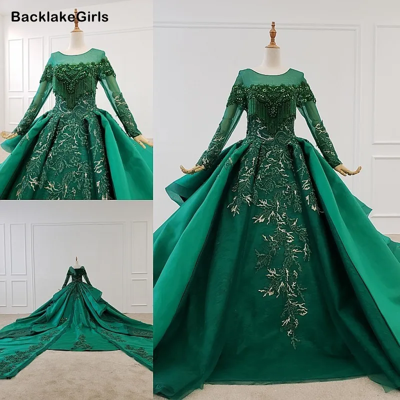 Королевское зеленое праздничное платье с круглым вырезом и длинным рукавом из