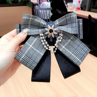 korea handmade college plaid multi layer fabric ribbon bow rhinestone shirt pin neck bow tie apparel accessories fashion jewelry