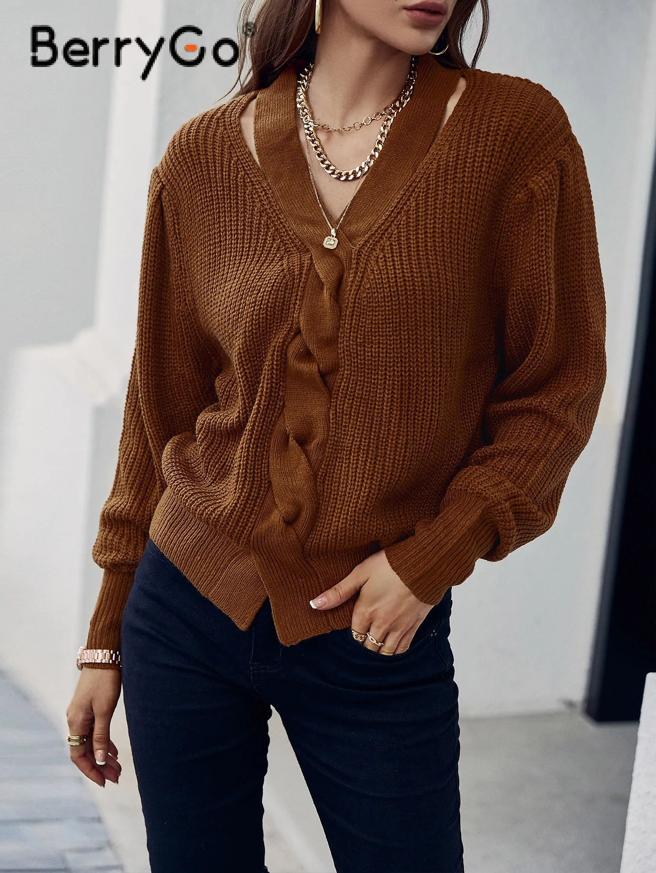 

BerryGo Autumn winter fashion hollow out jumper women Casual long sleeve V-neck sweater female Solid knitted pullover 2021 new