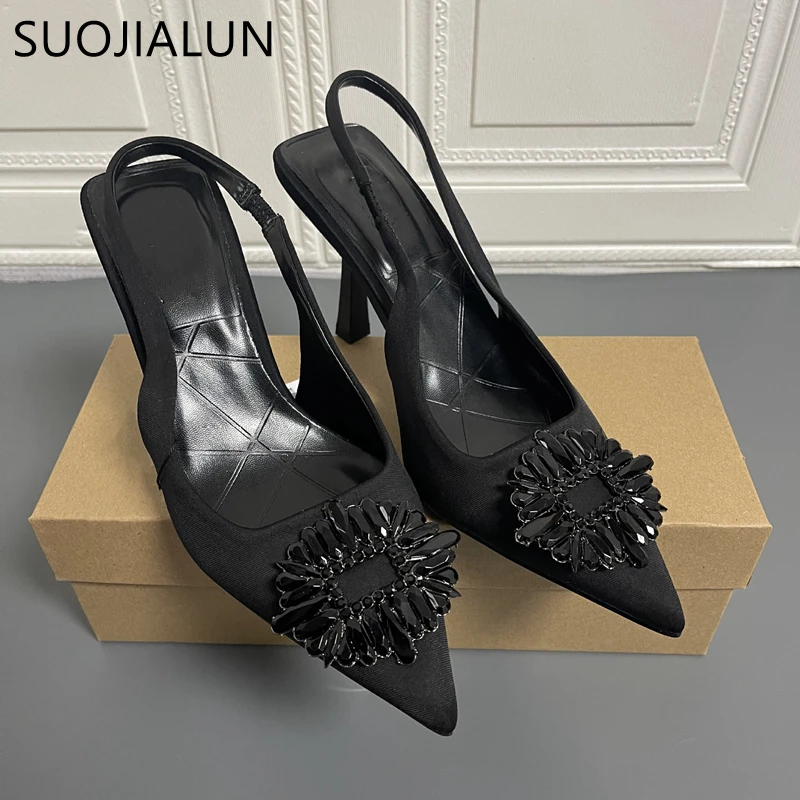 

SUOJIALUN 2022 New Spring Fashion Crystal Buckle Sandals Women Thick High Heels Pointed Toe Slingback Shoes Elegant Slip On Mule