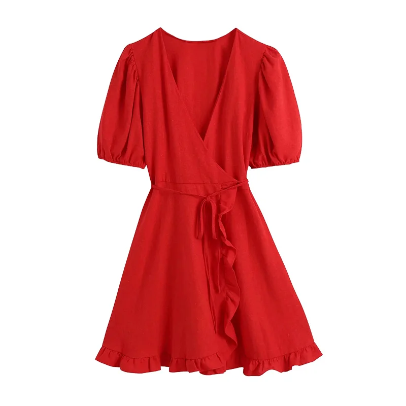 

2021 New Women Chic Fashion Tie Belt Wrap Linen Mini Dress Vintage Puff Sleeves Ruffled Female Dresses Vestidos Mujer