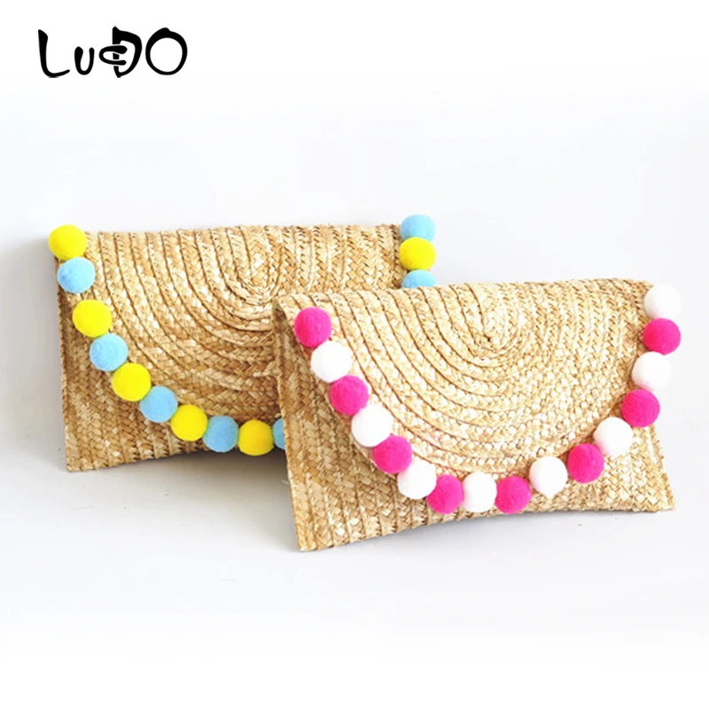 

women's straw bag Clutch bag woven wheat straw braid fur ball decoration summer wild casual new