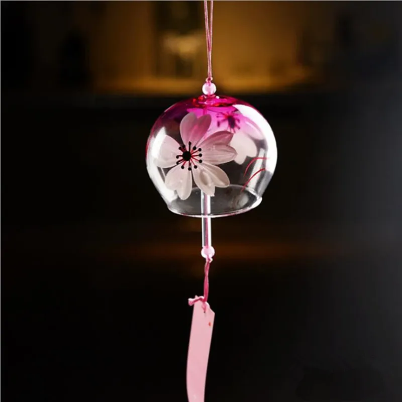 

Free Shipping 2pcs/pack 8*7cm Pink Flower Design Glass Windchime Decorative Japanese Style Hanging Wind-Bell Handmade Ornament