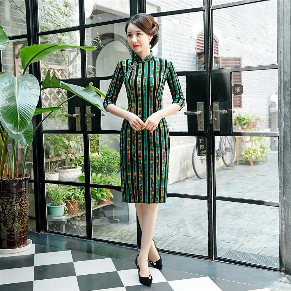 Шанхай история велюр Cheongsam по колено китайское платье Ципао традиционное платье зеленый