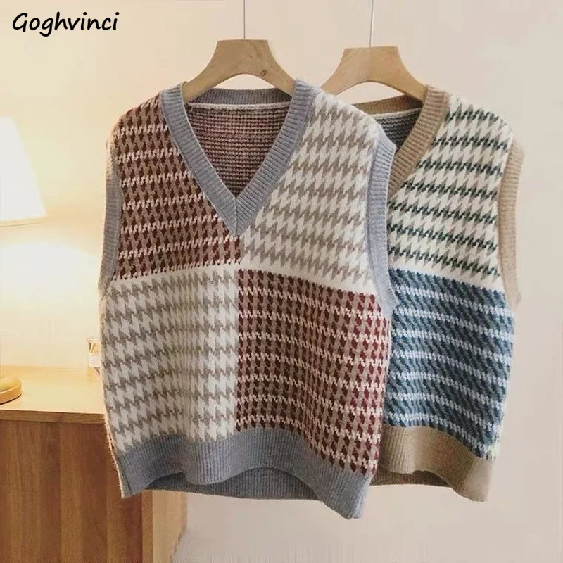 

Women Spring Sweater Vest Vintage Korean Style Fashion Autumn Knitted Warm All-match Plaid Contrast Elegant Students Leisure New