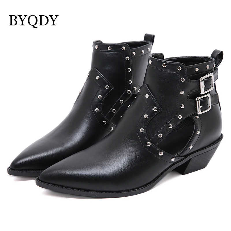 BYQDY Sexy Rivets Autumn Ankle Boots For Woman Cow Leather Chunky Heel Zipper Ladies Booties Buckle Solid Black Short | Обувь