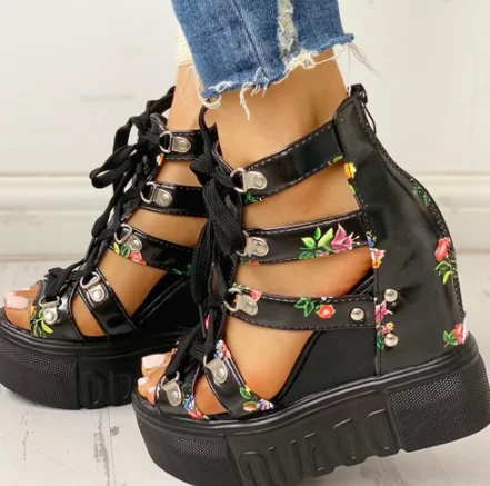 

Женские сандалии в римском стиле, босоножки на высокой танкетке, с открытым носком, с перекрестными ремешками, лето