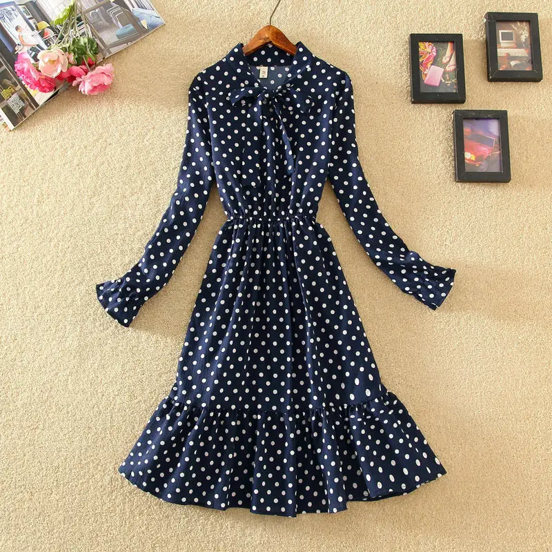 

Женское шифоновое платье-рубашка в горошек, повседневное винтажное офисное платье средней длины, модель B11 на весну и осень, 2020