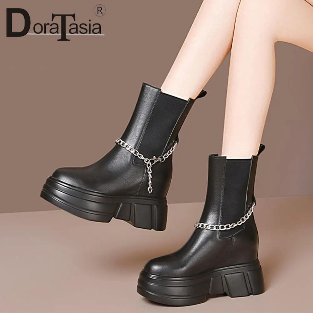 

DORATASIA Female Genuine Leather Ankle Boots Fashion Chain Platform Chunky High Heels women's Boots Casual Office Shoes Woman