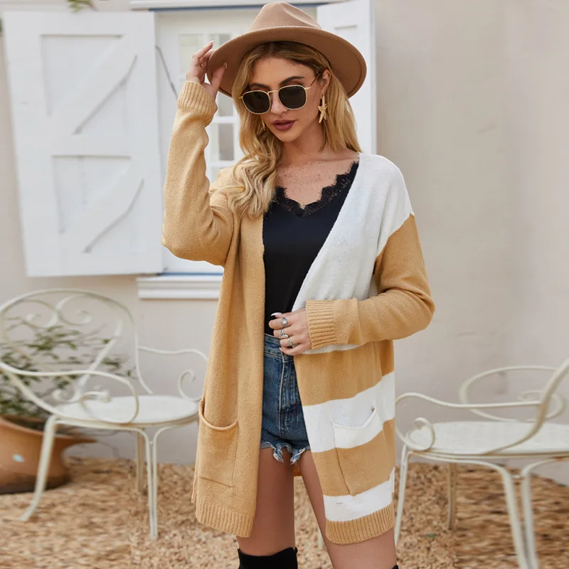 2020 striped contrast color mid-length knitted cardigan long-sleeved loose sweater coat winter clothes women