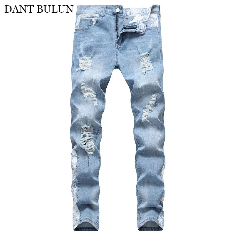 Casual Men's Jeans Light Blue Stretchy Pencil Pants Printed Ripped Jeans For Men Elastic Denim Jeans Hip Hop Distressed Trousers