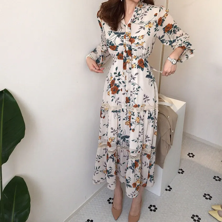 Платье женское шифоновое с цветочным принтом кружевное платье-трапеция макси в