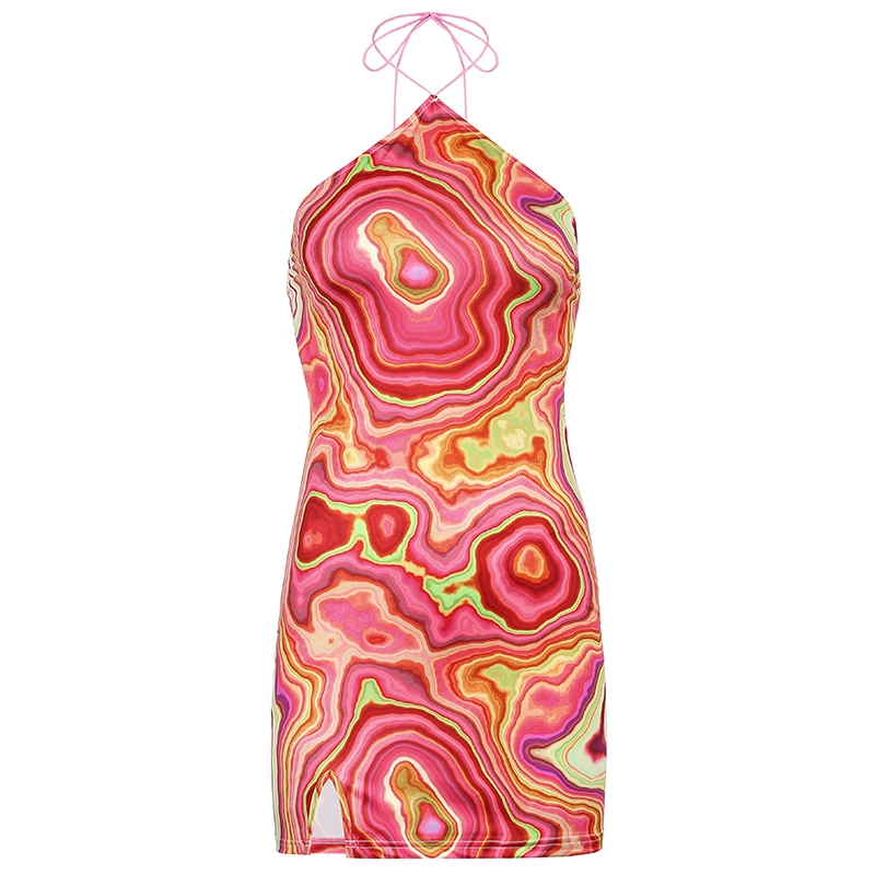 

2021 Wave Print Sexy Backless Halter Women Dress Party Summer Sleeveless Short Vestido Female Elegant Y2K 90s Fashion Streetwear