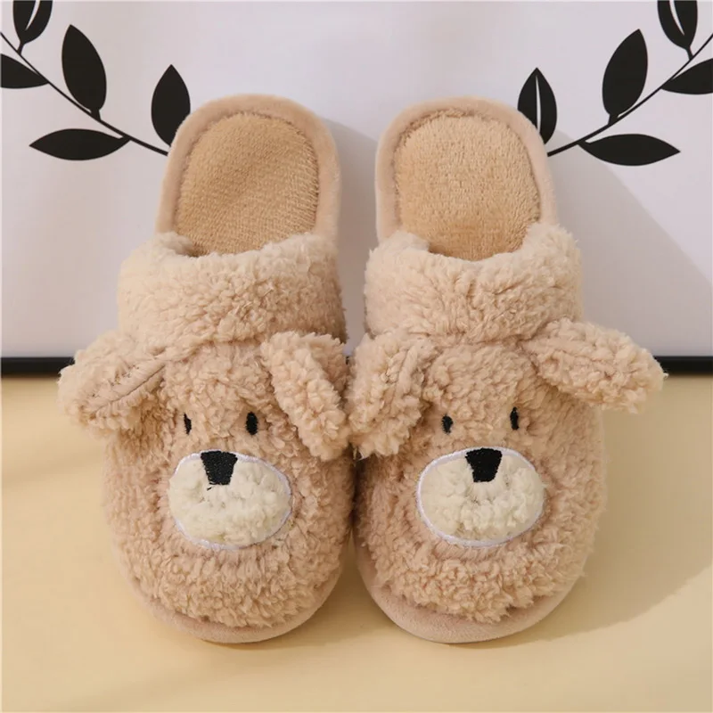 

Couples Home Slippers Warm Cute Woman Man Slipper Winter Shoes 2021 New Fashion Casual Cartoon Dogs Fur Plush Deer Slides