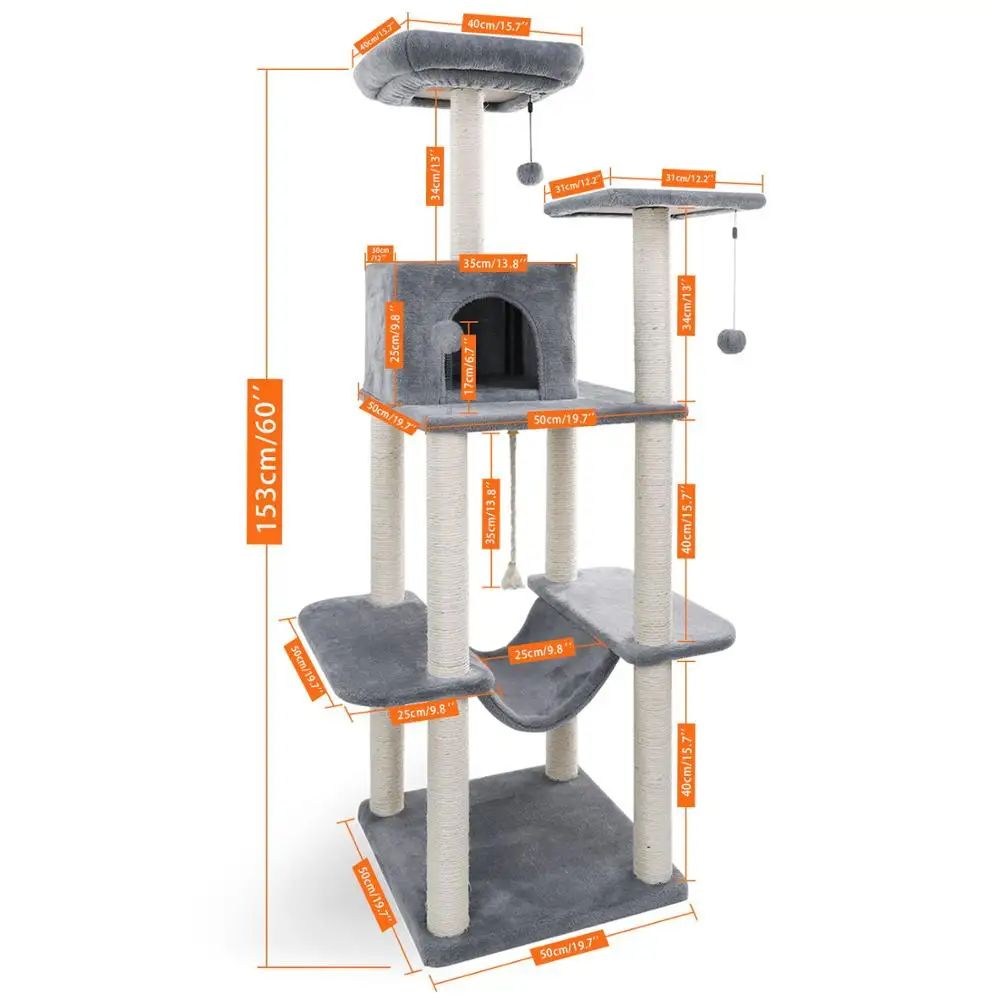 Современная кошачья башня Cat Tree с полностью сизальным покрытием когтеточками