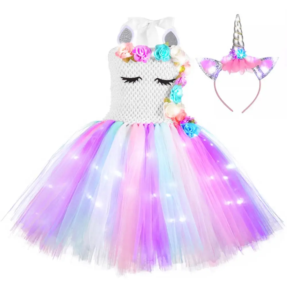 Girls Rainbow Unicorn Dresses Flower Wedding Ball Gown Little Christmas Party Costume Children Clothes Baptism Outfits | Детская одежда