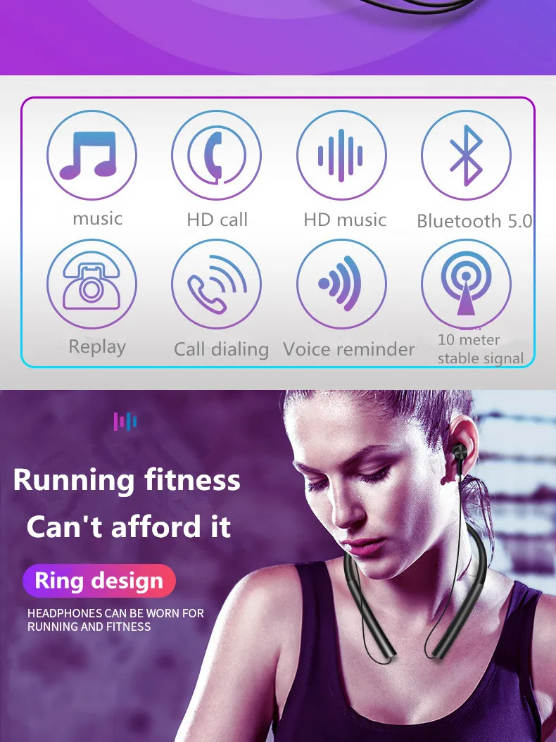 Bluetooth 5 0 наушники беспроводные шейные стерео вкладыши с микрофоном CVC 6 IPX6