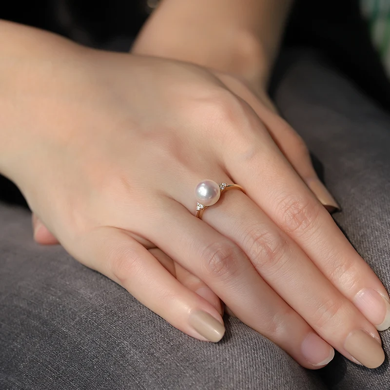 18K import Solid Yellow Gold Jewelry(AU750) Women  Single Grain Akoya Peas Weaving Diamond  ring  Natural Seawater Pearl  Lady