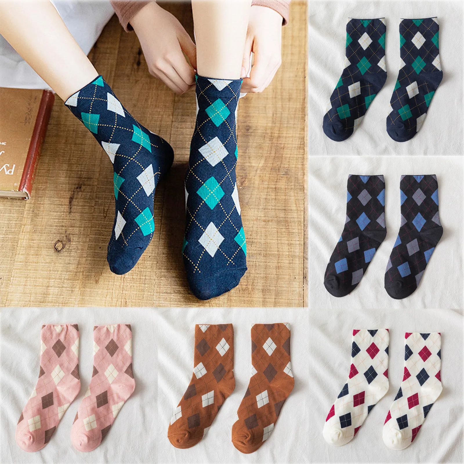 

#30 Women Fashion Argyle Pattern Print England Style Cotton Middle Tube Socks Beautiful Socks For Girl Calcetines