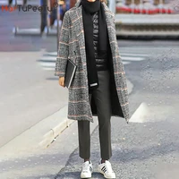 oversized wool plaid jacket women long woolen coat winter 2020 vintage loose parka with pockets back belt design