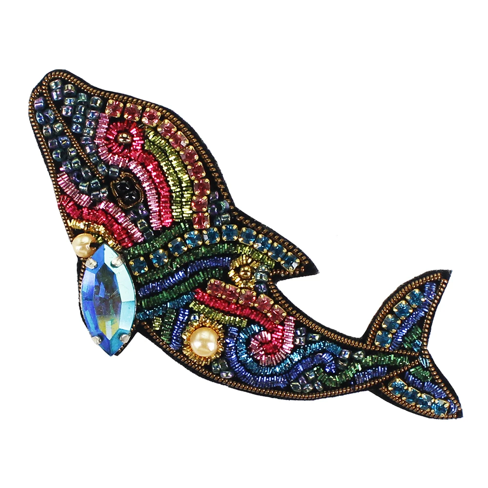 fish Шелковое животное пчела корона патч ручная вышивка пчела Золотая Роза Лев Слон пчела цветок патч бисер Подсолнух Рыба сердце аппликация - Цвет: fish