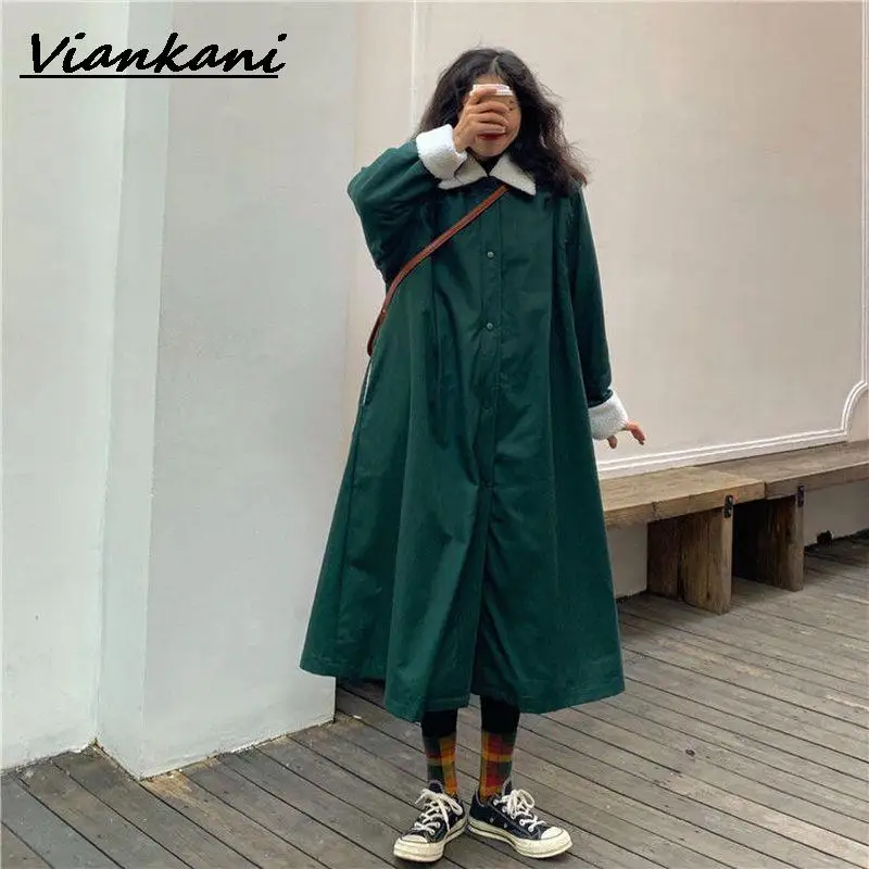 

Women preppy all-match cotton coat autumn winter new loose all-match over-the-knee thick lamb wool long vintage padded jackets