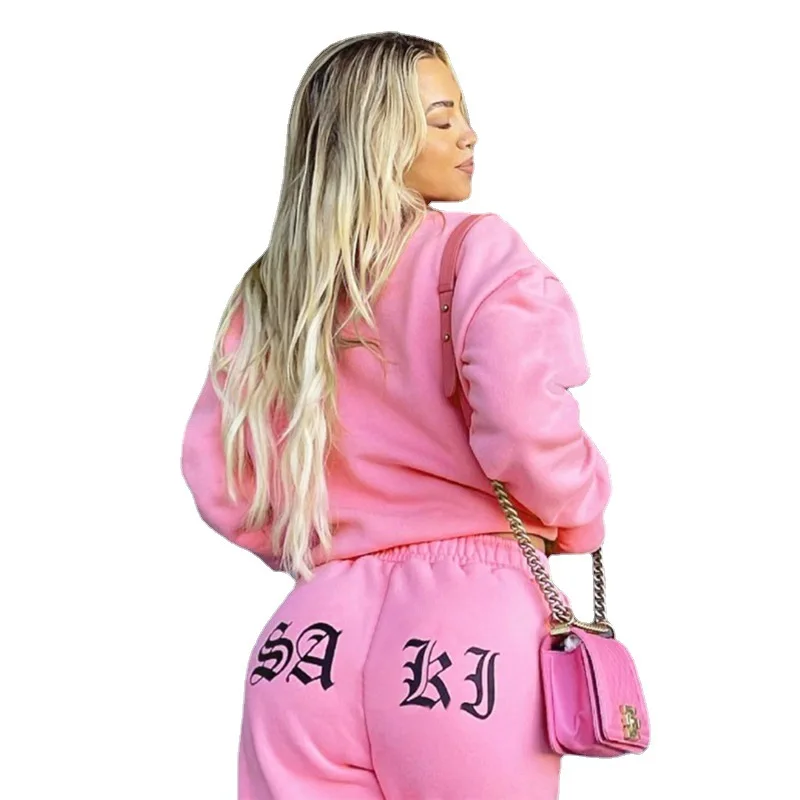 

Letter Print Two Piece Set Women harajuku Flocking Casual Loose Simple Long Sleeve Top+Pleated Elastic Waist Sporty Pants