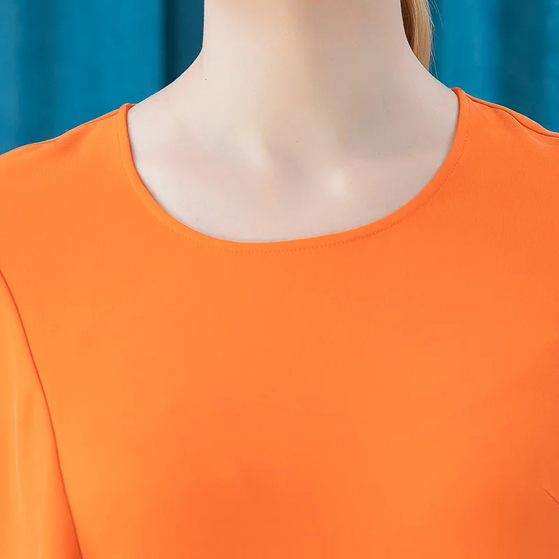 Kaufen VOA Seide 30 Mt/mt Schwere Orange Rundhals Asymmetrische Rüschen Nähte Kreative Kurzarm Gerade T-shirt Frauen T-shirt BE386
