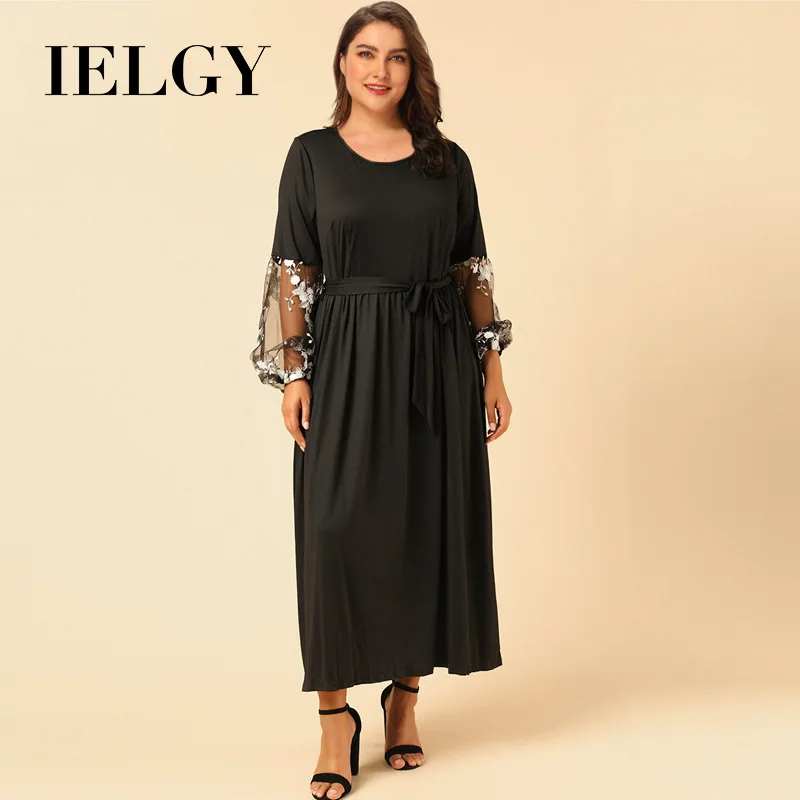 

IELGY Round Neck Long Sleeve Paneled Lace Embroidered Dress