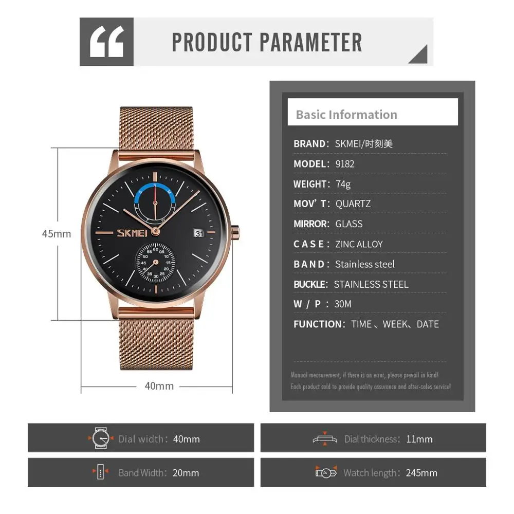 

SKMEI Fashion Quartz Men Watch Luxury Brand watches Waterproof Stainless Steel Strap Gentleman Style relogio masculino 9182
