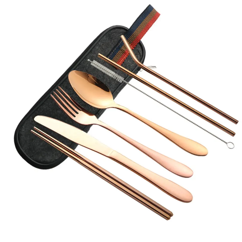 Zwart Serviesje Reizen Draagbare Bestek набор Mes Vork Lepel Diner Set 18/10 Rvs Servies Zilverwerk Met Zak|Столовые сервизы| |