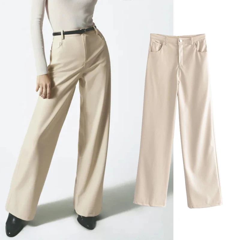 

Женские брюки с широкими штанинами ZA, длинные прямые повседневные брюки из искусственной кожи с высокой талией и карманами на молнии, Осень-...