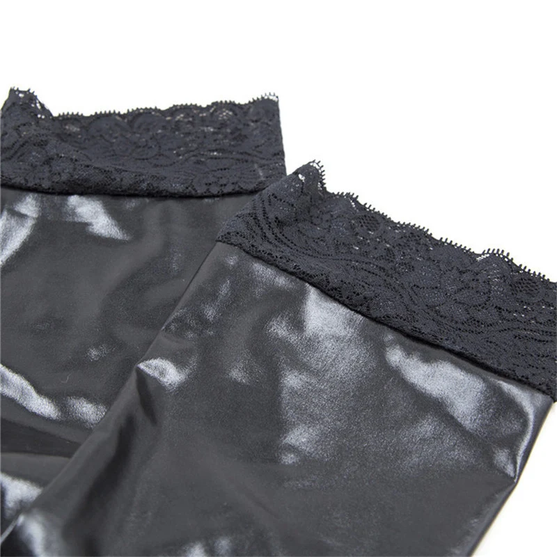 

Women Sexy Lace Top Latex Stockings Black PVC Leather Pole Dance Clubwear Plus Size Thigh High Stockings With Stay Up Silicone