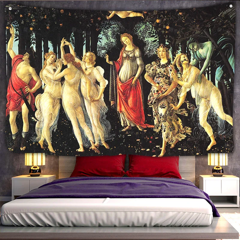 

Sandro Botticelli Primavera Tapestry Fabric Textile Master Piece Medieval Fresco Bohemia Wall Hanging Home Decor Kunst