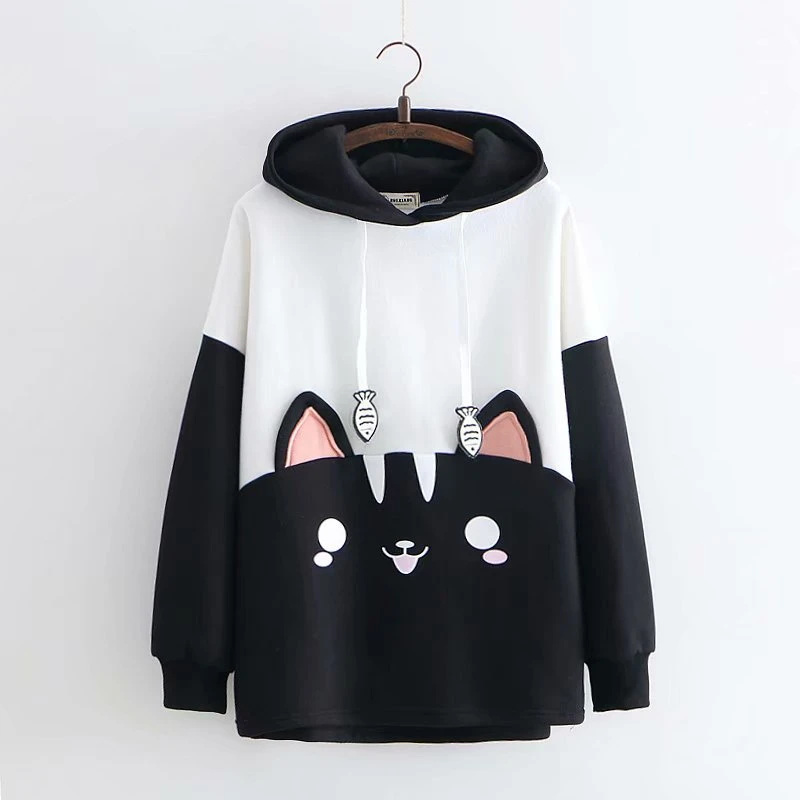black Harajuku kawaii Женская милая кошка, поедать вышивка в виде рыбы с длинным рукавом кашемировый пуловер толстовки хлопок с капюшоном свободные толстовки женские - Цвет: black