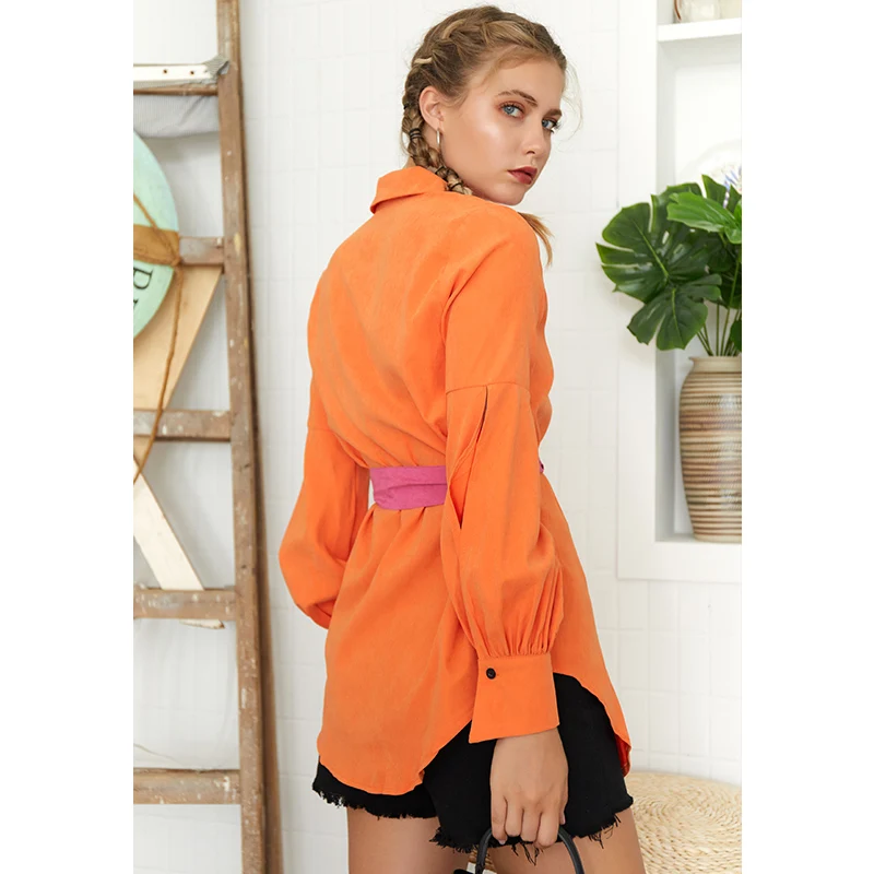 HELIAR Buttoned Up Solid OL Blouse With Belt Summer V-Neck Fashion Long Sleeve Shirt Casual Female Women | Женская одежда