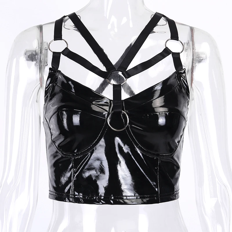 PU Leather Camis Women Sexy Tank Tops Gothic Streetwear Hollow Out Bodycon Bandage Balck Leather Backless Camis Female