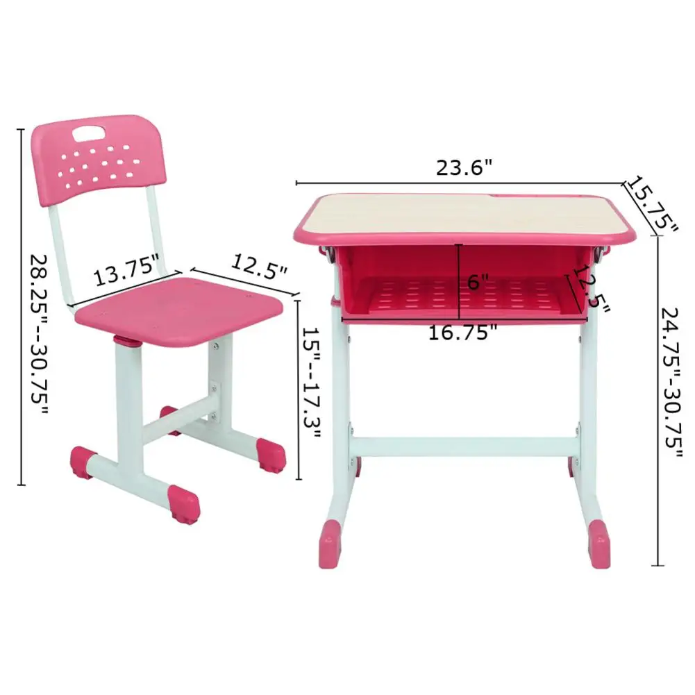 

Adjustable Student Desk Chair Set Primary School Kid Pink Desk Children Study Writing Homework Table With Drawer 60x40x63cm