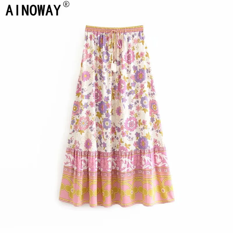 Женская винтажная юбка в стиле хиппи розовая пляжная плиссированная с цветочным