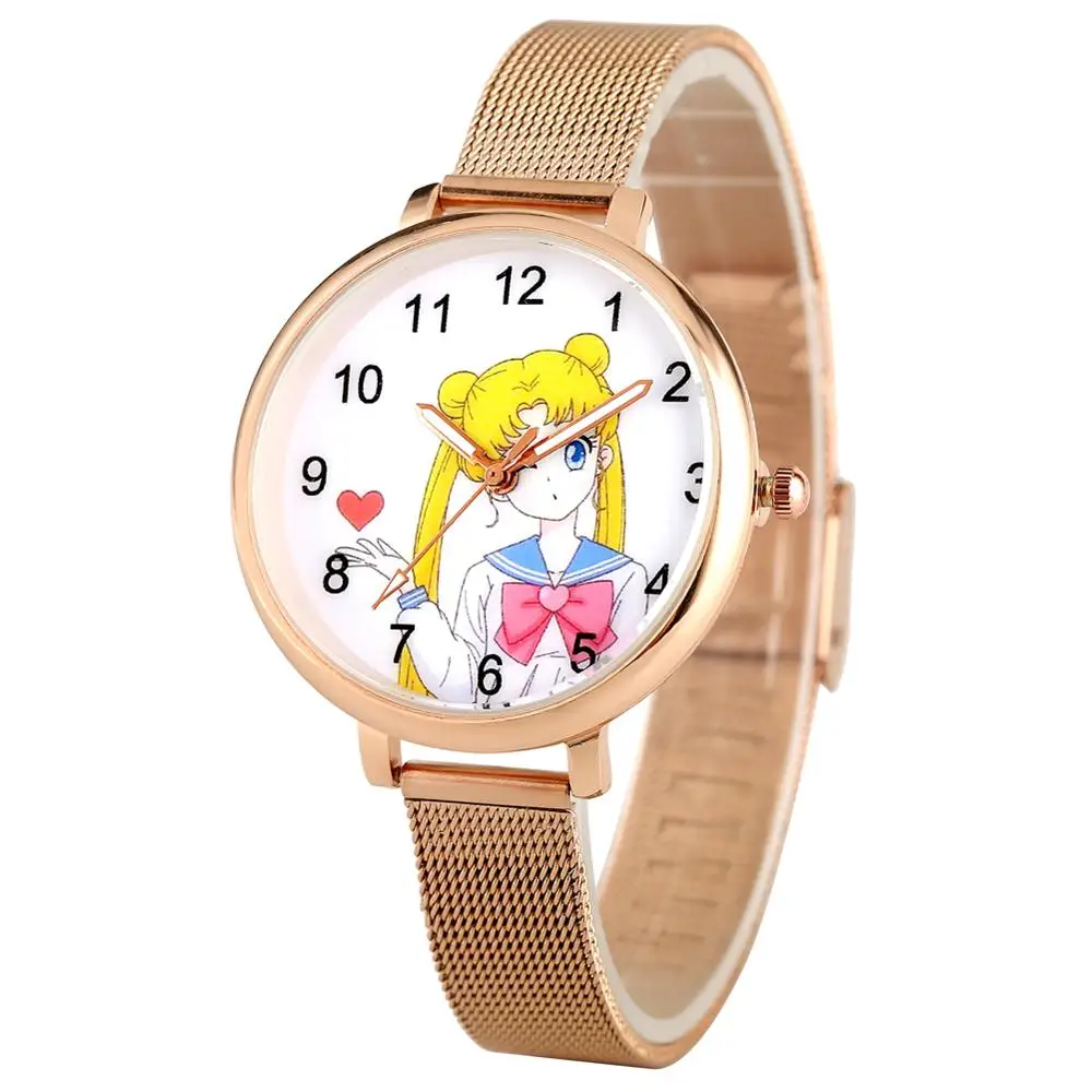 Stainless Band 8 Популярные японские аниме Сейлор Мун ЖЕНСКИЕ НАРЯДНЫЕ часы розовые пятиконечные звезды циферблат Тонкий Сетчатый ремешок женские часы Подарки для женщин и девушек - Цвет: Stainless Band 8