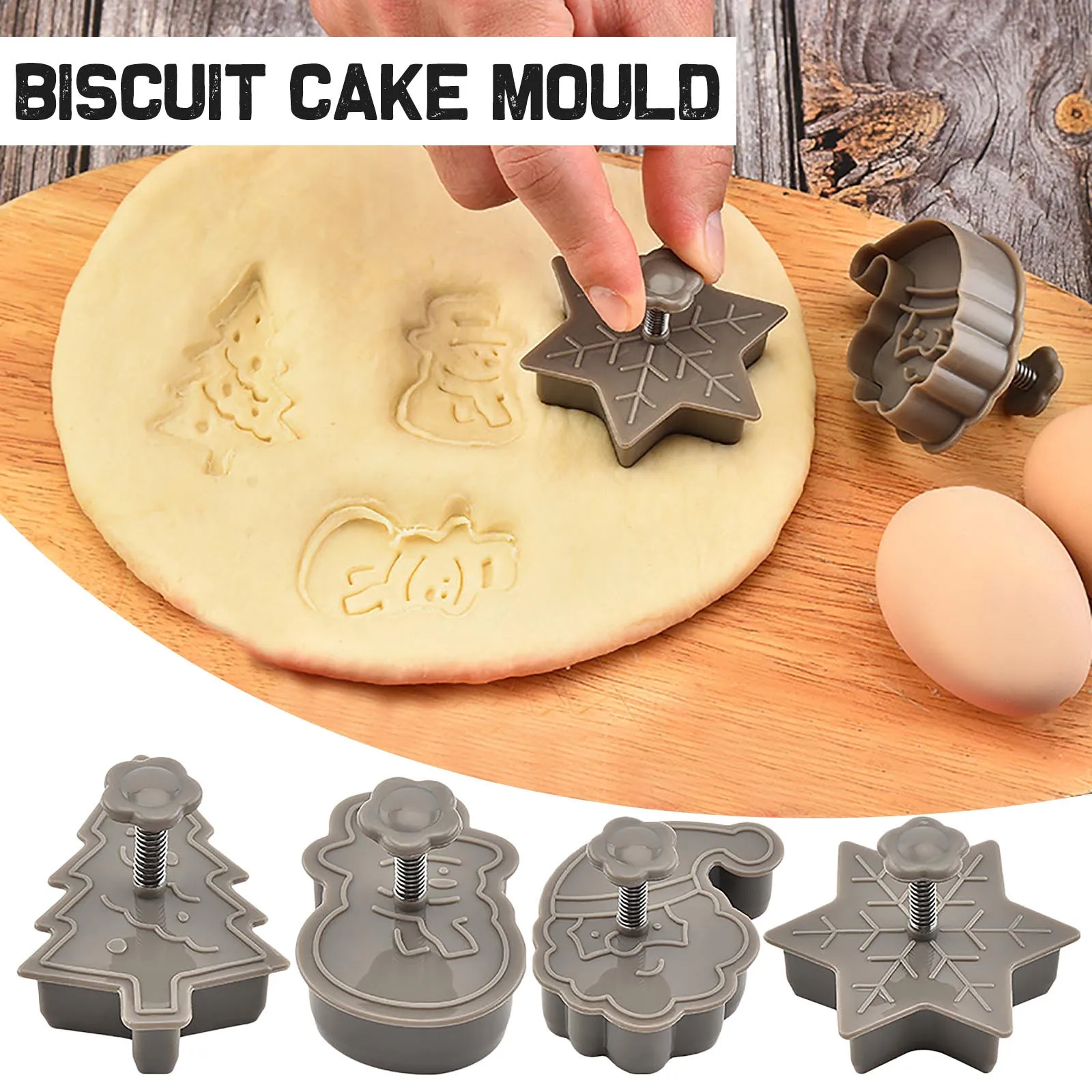 

4pcs Christmas Three-dimensional Cookie Mold Biscuits Snack Baking Molds Spring Pressing Type Christmas Biscuit Mold Set 2021