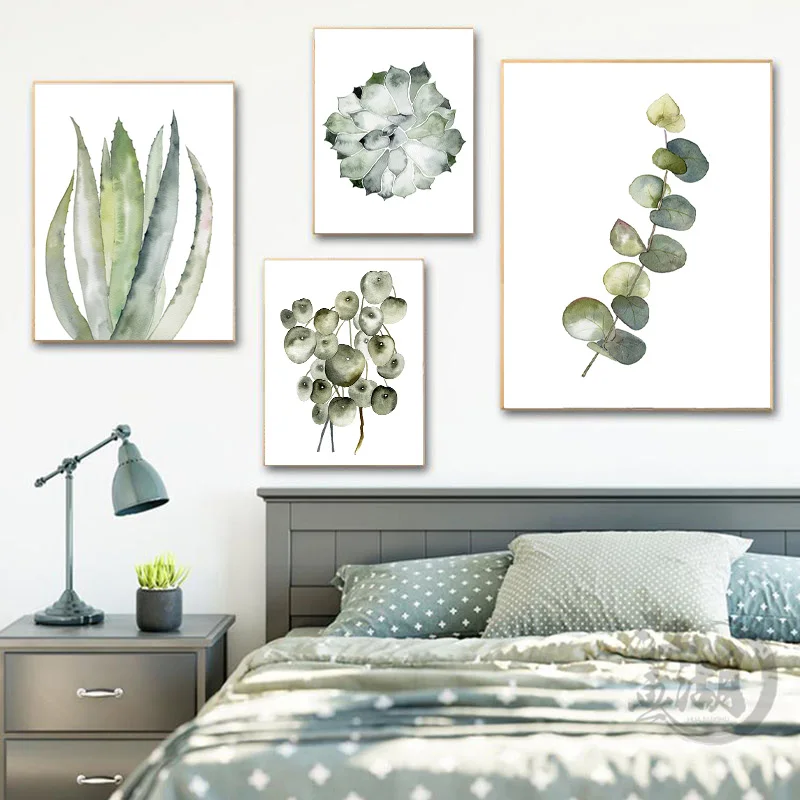 Плакаты и принты акварельных листьев настенная Картина на холсте с зелеными