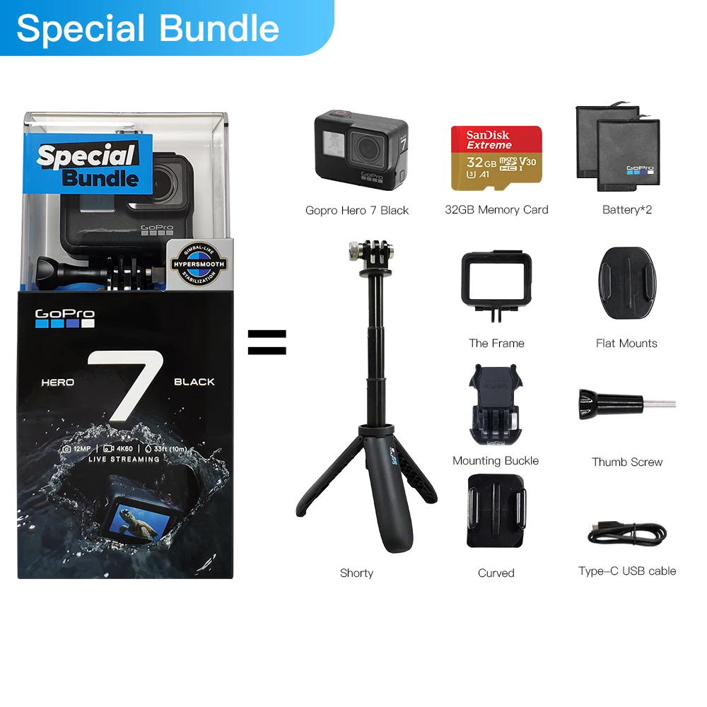 Specail Bundle Оригинальная специальная экшн-Камера GoPro Hero 7 черного цвета Go Pro Hero7, Спортивная камера 4K 60fps 1080P 240fps 12 MP, прямая передача фотографий - Цвет: Specail Bundle