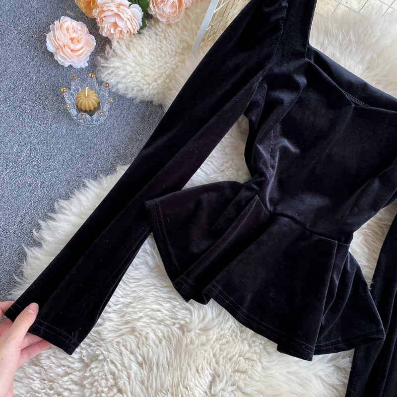 

Lady New Fashion Square Collar Slim Retro Velvet Long Sleeve Tops Women Solid Color Casual Clothes Camisas Mujer Q760