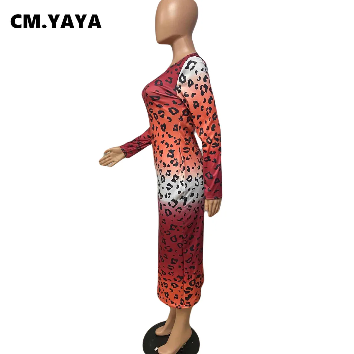 CM.YAYA Women Autumn Sexy Bodycon Leopard Gradient Print Midi Dress Club Party Long Sleeve Pencil Bandage Maxi Dresses | Женская одежда